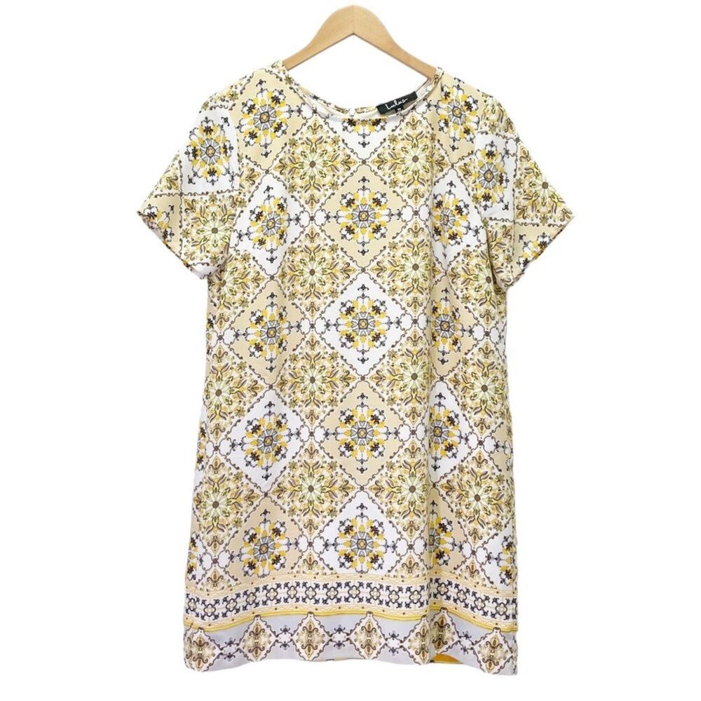 Lulus Dandy Lion Yellow White Tile Print Mini Shift Dress Women’s Size Medium - Picture 12 of 13